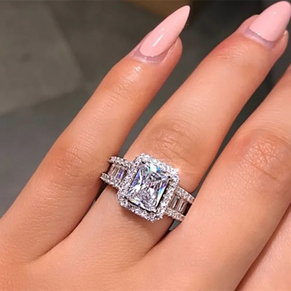 New Large Silver Rectangle Diamond Ring